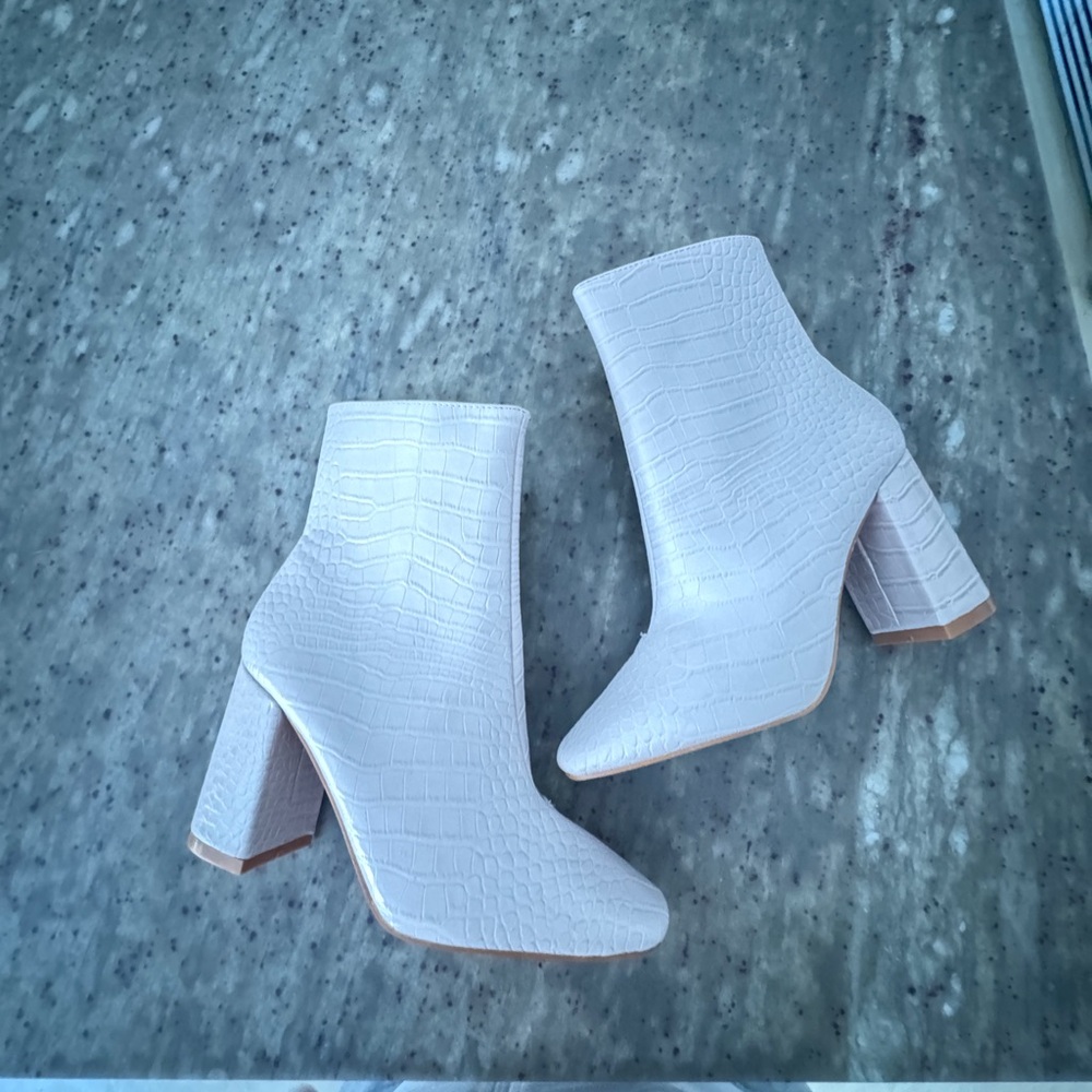 Lulu's Croc-Embossed Cream Ankle Boots